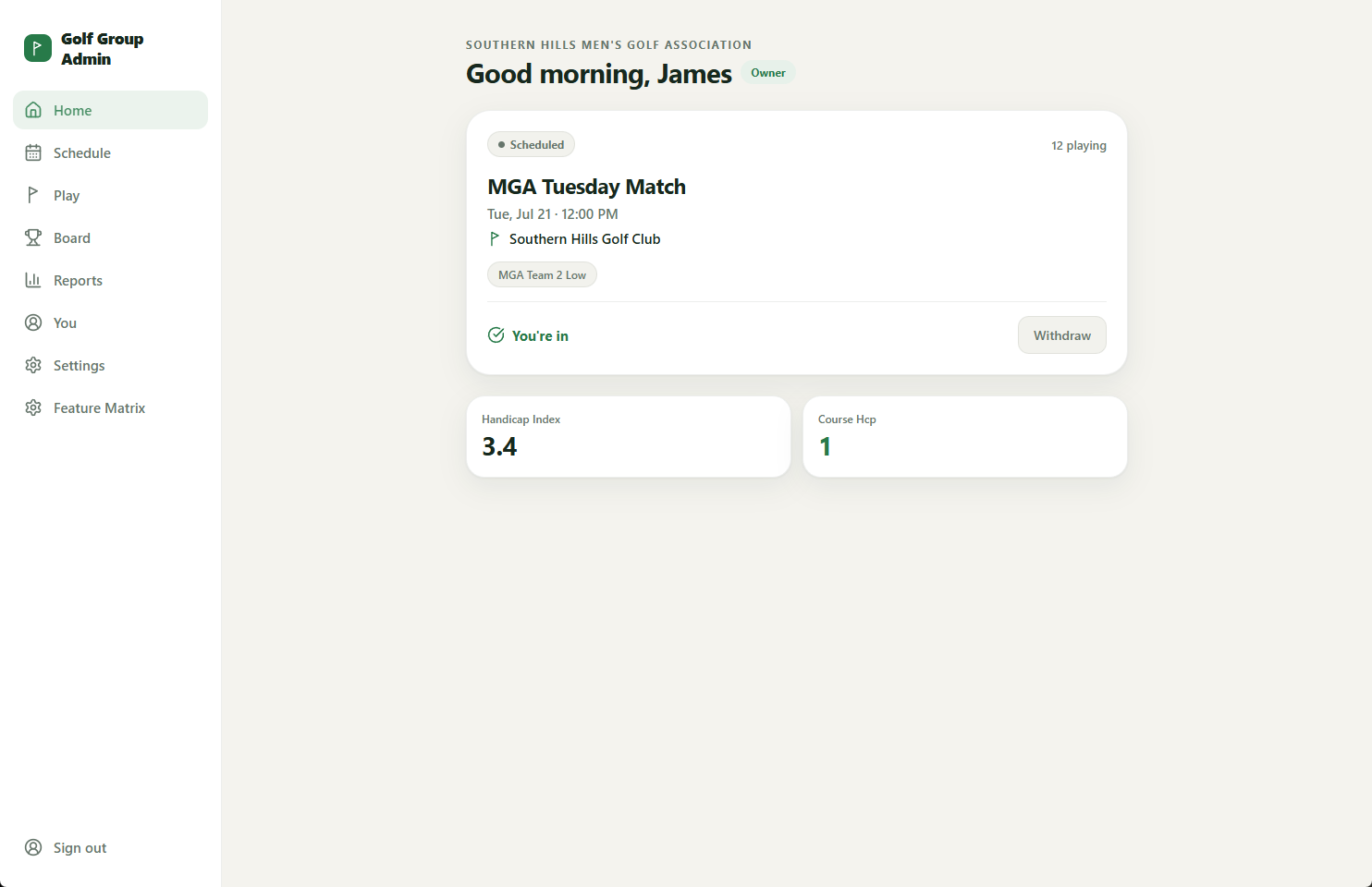 The Golf Group Admin dashboard with the next match and handicap tiles