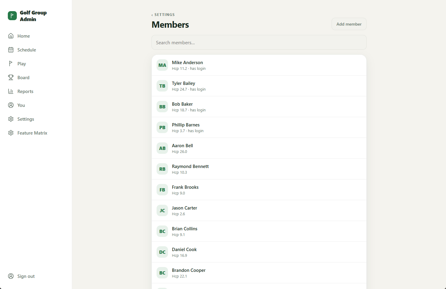 The Members screen with a searchable roster and handicaps