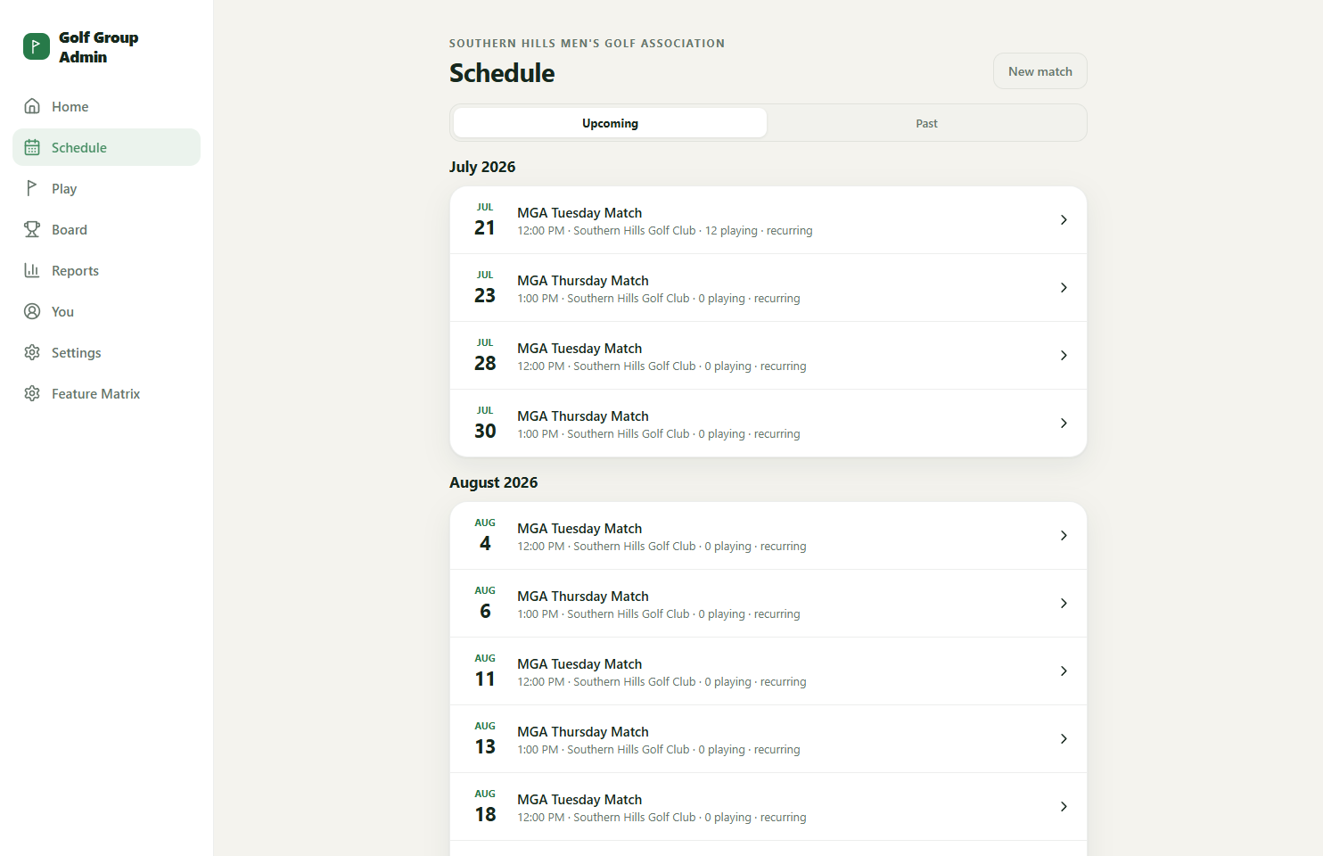 The Schedule screen listing upcoming recurring matches with sign-up counts