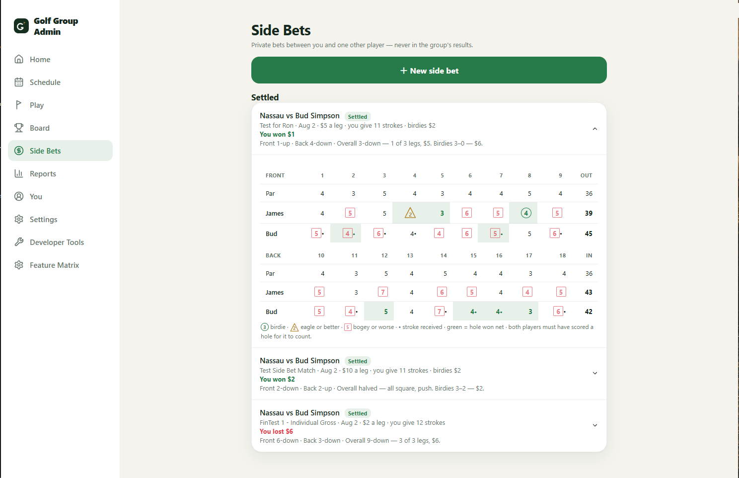 A settled Nassau side bet with a hole-by-hole breakdown